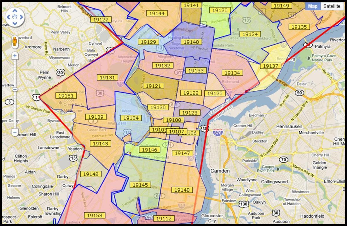 mapa na većem prostoru Philadelphie
